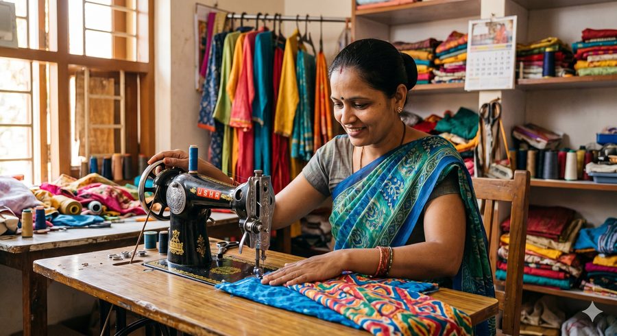 Women artisan sewing at a USHA machine in a tailoring workshop, rural women-led production